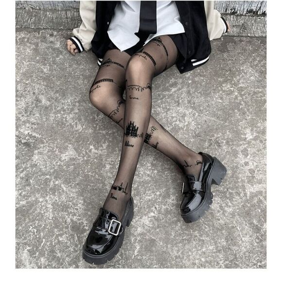 🏙️ Travel Cities Tattoo Printed Tights Black Sheer Nylon Pantyhose Hosiery NEW - Picture 8 of 16